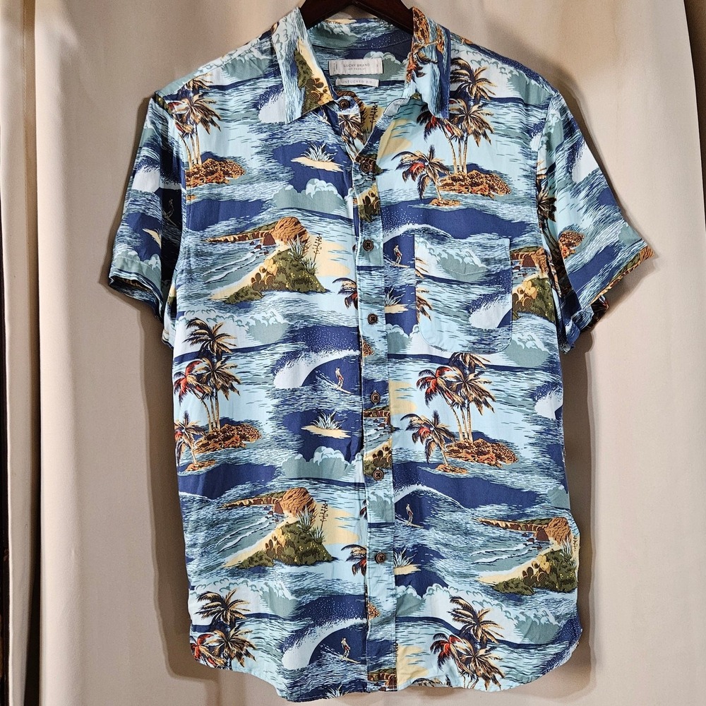 Lucky Brand Mens Small Untucked Fit Tropical Surfer Scenic Viscose Shirt Blue